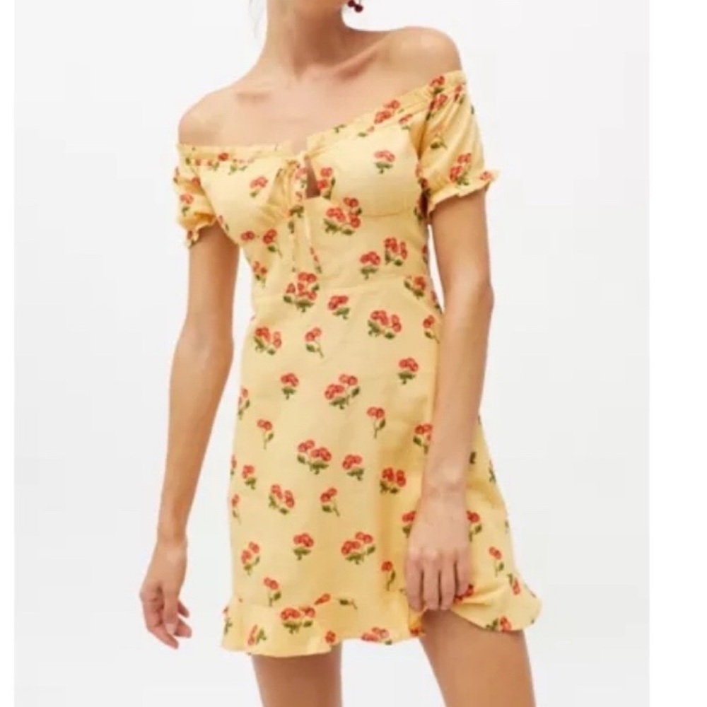 Urban Outfitters Yellow Cherry Print Off the Shoulder Mini Dress small